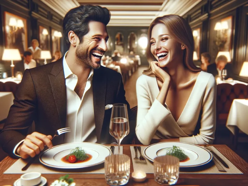 casal feliz jantando